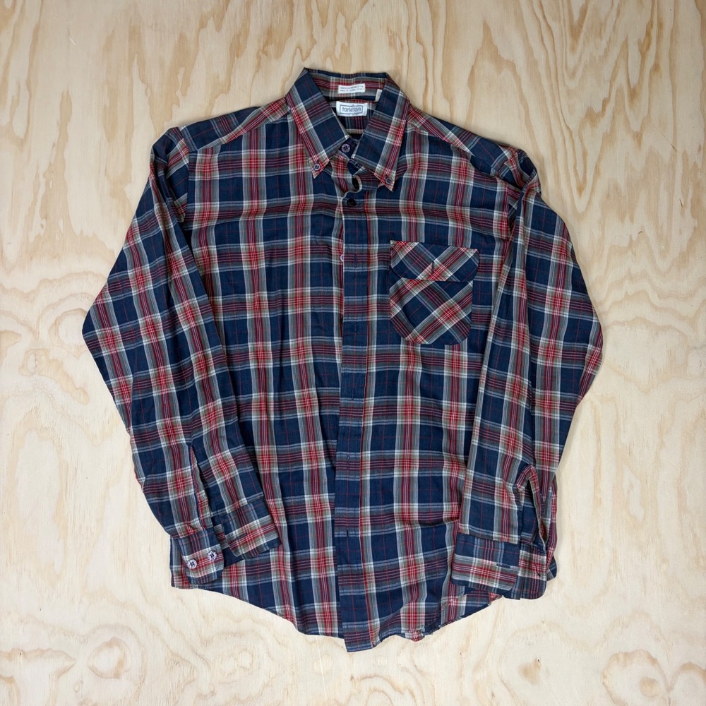 Vintage Tarleton Mens Plaid Button Down Shirt Navy Blue Red White Size M Korea
